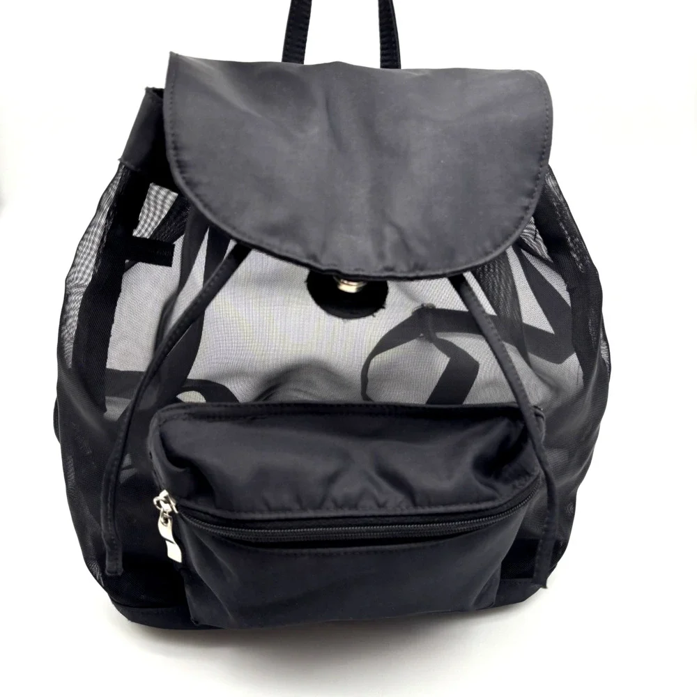 Vintage 00s Y2K EXPRESS Black Nylon See-through Mesh Drawstring Backpack 13x11